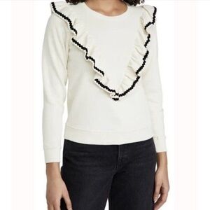 The Great.- Ivory Longsleeve Shrunken Ruffle Black Trim Sweatshirt